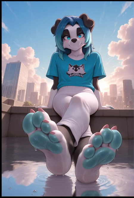 (masterpiece, best quality, very aesthetic, absurdres:1.2)  <lora:rysonanthrodog_style_illustrious_v1:1> rys0nstyle, 1girl, furry, solo, looking at viewer, smile, border collie, blue hair, blue eyes, long hair, white fur BREAK
blue t-shirt, white pajama pants, water, bokeh, blue sky, cloud, skyline, sitting on ledge, detailed background, feet, low angle, (foot focus:0.8), wet feet, water drop, reflection, animal feet, blue pawpads, crossed ankles