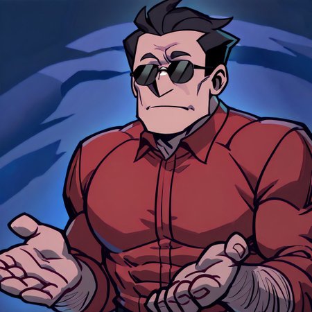 masterpiece, best quality, newest, absurdres, highres,  anime, anime style, Gues-I'll-Die-IL.V1.0 Gues-I'll-Die-IL.V1.0-NOTEXT,  1boy, helltaker \(helltaker\), sunglasses, glasses, black hair, short hair, muscular, muscular male