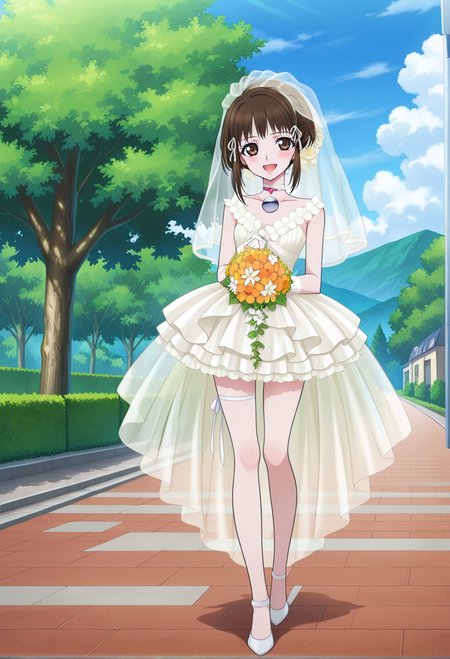 open smile, blush, 
full body, dynamic angle, 
BREAK,
<lora:reala_illustriousXL_v01:0.95>
realarnd, realawed, brown hair, brown eyes, short hair, bridal veil, hair ribbon, 
pendant choker, wedding dress, sleeveless, white gloves, layered dress, short dress, 
thigh ribbon, white footwear, white high heels,, source_anime, very aesthetic, anime coloring, masterpiece, 
best quality, amazing quality, ultra detailed, very aesthetic, 
detailed background, 
BREAK,, street, trees, clouds, day,