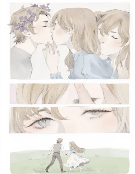<lora:choffi:1>This image is a digital drawing in a soft, pastel color palette with a romantic and delicate style. It features two characters in a series of four panels. The top-left panel shows a close-up of two faces engaged in a passionate kiss. The man has light brown, messy hair adorned with a purple flower crown, and his skin is pale. He is dressed in a light blue shirt. The woman has long, straight brown hair and fair skin. She wears a blue dress with puffy sleeves and a high collar, and her eyes are closed in ecstasy.
The top-right panel zooms in on the woman's face, showing her closed eyes and a serene expression. Her hand gently touches her cheek, and her hair flows softly.
The bottom-left panel is a close-up of the woman's eyes, which are large and blue, with long, thick lashes. Her gaze is directed downwards, adding a sense of introspection or tenderness.
The bottom-right panel shows the couple in a pastoral setting. The man, with his back to the viewer, is holding the woman's hand as they walk through a field of grass with soft, muted greens. The woman's dress is now seen from the back, with a flowing, ethereal quality. The background is a soft,