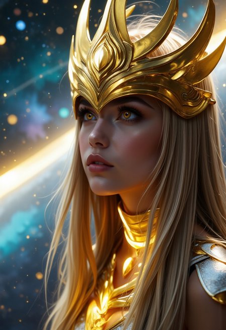 a close-up shot of an ethereal star woman with eyes body and face glowing like galaxies, she has gold eyes and long straight light blonde hair, she is surrounded by swirling, vibrant cosmic colors, vibrant star planet, ultra-detailed and photorealistic rendering, soft ambient lighting, starry nebulae in the background, dynamic and radiant color gradients, glowing reflections, cinematic composition, surreal and otherworldly atmosphere, intricate facial features, flowing hair infused with cosmic energy, luminous and ethereal, celestial radiance, soft yet detailed textures, otherworldly beauty. the girl is justicar syndra, she is wearing a gold ornate headpiece that resembles a helmet.
looking up, fingers to cheeks,