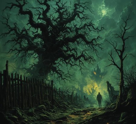 <lora:Spooky_Horror.safetensors:1> In this haunting and demonic scene, a twisted visage looms The air is heavy with tension as candlelight dances across the darkened space, casting sinister shadows that seem to pulse with an otherworldly energy.
In the heart of a desolate landscape, a lone tree stands, its broad leaves now a hauntingly pale green, almost translucent, as if the life has been drained from them. The leaves quiver in a silent, unnatural breeze, their delicate edges catching the dim, flickering light. The sky above is a heavy, brooding gray, thick with mist that seems to whisper malevolent secrets. The tree's branches, once sturdy and life-giving, now twist and contort, casting long, distorted shadows that twist and writhe on the ground.
Behind the tree, a wooden fence, ancient and weathered, juts out, its splintered planks and crooked posts adding to the sense of decay and abandonment. The fence seems to creak and groan under an unseen weight, as if something dark and ancient is pressing against it, trying to break through.
The ground is littered with jagged rocks and twisted roots, forming a treacherous path that invites missteps and falls. Eerie, glowing mists drift through the air, casting an otherworldly light that only deepens the sense of dread. Faint, unsettling sounds echo through the mist—whispers, distant screams, and the rustling of unseen creatures.
In the distance, a faint, unexplained glow flickers, as if a fire burns but never consumes. The light casts long, distorted shadows that seem to move on their own, reaching out like bony fingers. The air is thick with a palpable tension, as if the very atmosphere is alive with malevolent intent. Every element of this nightmare landscape contributes to an overwhelming sense of terror and unease, leaving the viewer with a deep, visceral fear that lingers long after they have looked away.