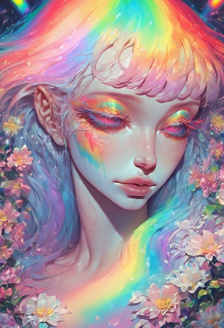 score_9, score_8_up, score_7_up, 1girl, girl, cute face, freckles, (bangs:1.2), long hair, rainbow makeup, (long eyelashes:1.4), half-closed eyes,
pastel, flowers, vibrant, exciting, uplifting, happy, 
Expressiveh, th3rm4l, colorful, thermal, <lora:SDXLFaeTastic2400:0.65>,