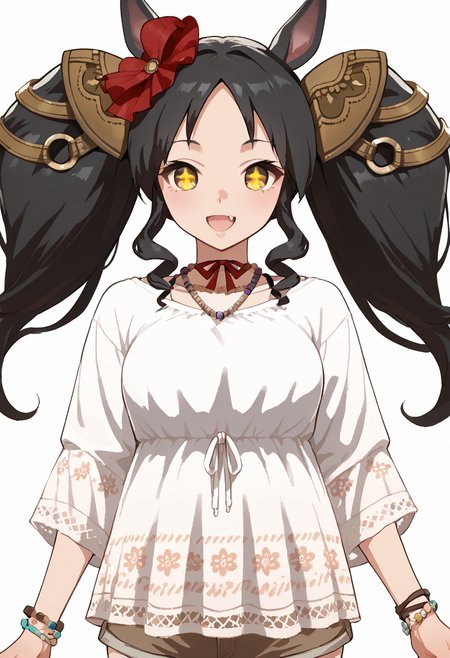 <lora:MS_1.1:1>,UMAMS,horse ears,horse tail,yellow eyes,hair ornament,twintails,black hair,CASUA7,shirt,brown shorts,necklace,white background, score_9, score_8_up, score_7_up,source_anime
