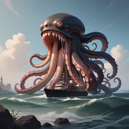 (score_9), (score_8_up), (score_7_up), (score_6_up), (score_5_up), (score_4_up), Gritty, noir, anime, Bright, (Cell Shading), (masterpiece), create the sea monster known as the kraken in a steampunk style, the kraken takes the shape of an octopus with a giant gaping maw with razor-sharp teeth
