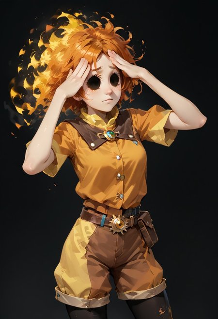 score_9, score_8_up, score_7_up,
lord_of_frenzy, fire head,
novakin, faceless, no eyes, no mouth, no nose, no facial features, short fiery yellow orange hair, body made of black plasma,
open hands, hands on face front,
hands on own head, 
magical girl outfit, steampunk dress, boots, (brown shorts:1.1), black tights, medium breasts, belt,
simple background, grey background,