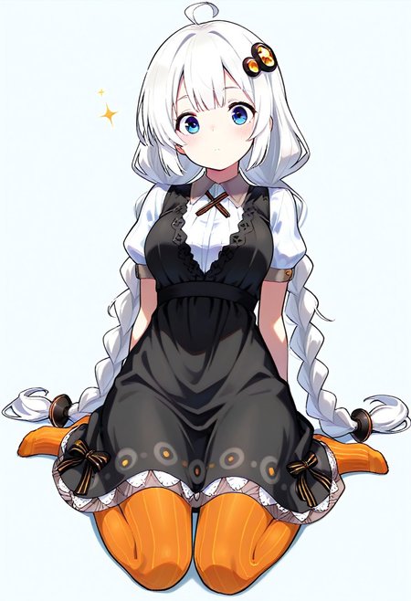 ((((((masterpiece)))))), ((((((best quality)))))), ((((((very aesthetic)))))), ((((((absurdres)))))),  masterpiece, best quality, absurdres, facing viewer, hair ornament, black dress, short sleeves, striped legwear, pantyhose, full body, 立ち絵
1girl, Kizuna Akari, white hair, blue eyes, braid,
