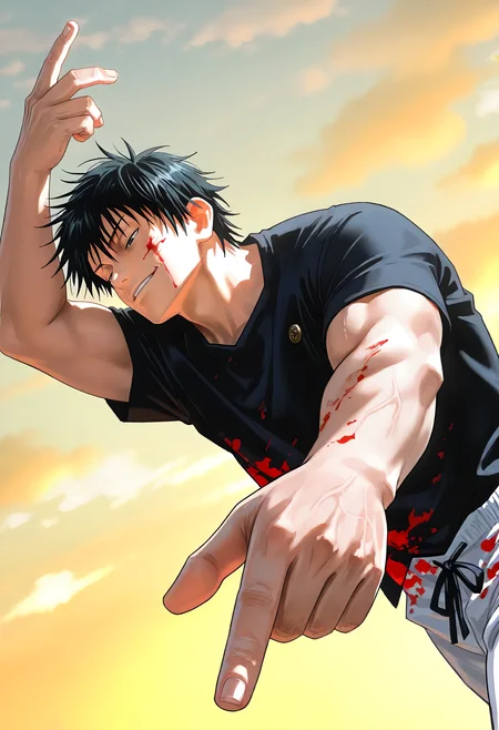 1boy, honored, fushiguro touji, jujutsu kaisen, cloud, yellow sky, smirk, half-closed eyes, blood on clothes, blood on face, muscular, black eyes, black shirt, t-shirt, white pants, scar, scar on face, 
<lora:cfg_scale_boost:0.2>,<lora:nai_noob_new_1536:0.3>,<lora:nyaliaXLNBVP1lokrV6311P:0.3>, <lora:illustriousXL_stabilizer_v1.23:0.4>, <lora:honored:1.0>, (masterpiece, best quality, newest, highres:1.3), good quality, very aesthetic, absurdres, newest, very awa,