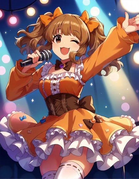 score_9,score_8_up,score_7_up,1girl,solo,cowboy shot,looking at viewer,smile,wink,open mouth,holding microphone,stage lights,
<lora:moroboshikirari_ponyXLV6:0.8>,cgmkr,
brown hair,twintails,brown eyes,
hair bow,orange dress,frills,thighhighs