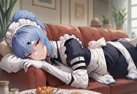score_9, score_8_up, score_7_up, source_anime, <lora:saki:1>, ocsaki, yellow eyes, blue eyes, gradient eyes, looking at viewer, gloves, long sleeves, closed mouth, lying, elbow gloves, indoors, white gloves, hair bun, apron, maid, maid headdress, couch, on couch,