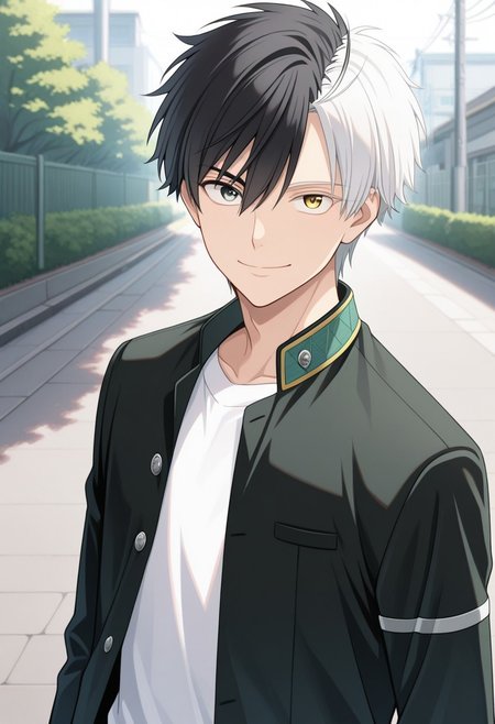 masterpiece,best quality,amazing quality, source_anime, 
sakuharuka, 1boy, male focus, solo, heterocromia, grey eyes, yellow eyes, split-color hair, black hair, white hair, school uniform, jacket, black jacket, open jacket, shirt, white shirt, smile, looking at viewer, outdoor,