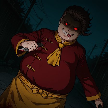 masterpiece, best quality, colorful, amazing quality, detailed background, cinematic, outdoors, <lora:teruteru-v1-08:1> dteruteruh, =_=, 1other, chubby, shaded face, (glowing eyes, red sclera, yellow pupils), wide-eyes, red tangzhuang shirt, long sleeves, smirk, tongue out, parted lips, mandarin collar, cowboy shot, yellow waist apron, sitting, BREAK ((yellow)) wide_sleeves, yellow ascot, dynamic pose, dark, dutch angle, holding knife, smirk, saliva, incoming attack, blood,