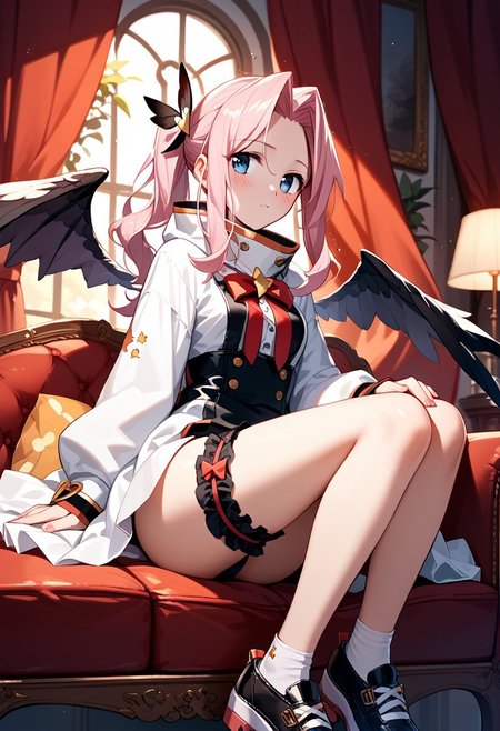 score_9,score_8_up,score_7_up,source_anime,Darry Adai,1girl,solo,looking at viewer,blush,wings,shoes,bridal garter,