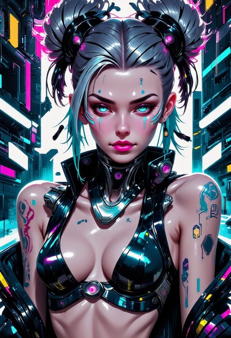 A digital artwork in the style of cknc, playful cyberpunk gamer girl, vibrant teal to cold gray ombre hair in messy space buns with neon strands, flirtatious smile with holographic glossy lips, curvy athletic build with medium bust, wearing a cropped gaming suit with RGB lighting patterns, high-tech shorts with pixel patterns, suspended gaming peripherals around, one arm with translucent cyber modifications showing internal circuits, dynamic action pose in floating gaming chair, surrounded by multiple holographic game screens and floating UI elements, retro-futuristic arcade machines in background, ray-traced neon reflections, gaming peripherals with RGB glow, suspended energy drinks and snacks, (synthwave aesthetic), (cinematic lighting), (volumetric fog), depth of field, motion blur effects, lens flares, detailed mechanical elements, ultra sharp focus, movie quality rendering
