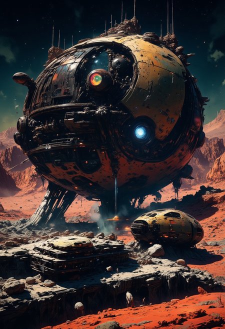abstract painting, gradient vibrant neon colours, mythp0rt, landscape of a futuristic sci-fi moon base, gleaming metals and ceramics, domes, cratered environment, dusty, thin haze, a large planet dominating the skyline