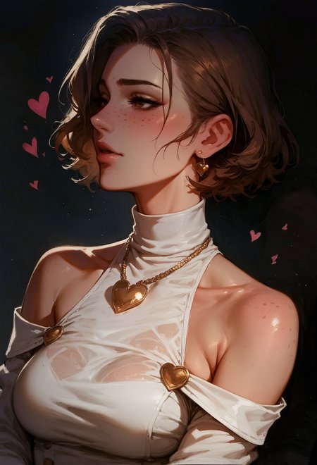 (score_9, score_8_up:1.1), score_7_up,  side view, 1girl, solo, expressive, hearts, dynamic, brown hair, short hair, brown eyes, pale skin girl, pale skin, freckles, turtleneck, bare shoulders, golden buttons, heart necklace, blush, red rose in hair, looking_longingly, seductive, sexy_woman, black background  <lora:pony/twilight_style:0.8> <lora:pony/expressiveh:0.8> <lora:sdxl/sinfully_stylish_sdxl>