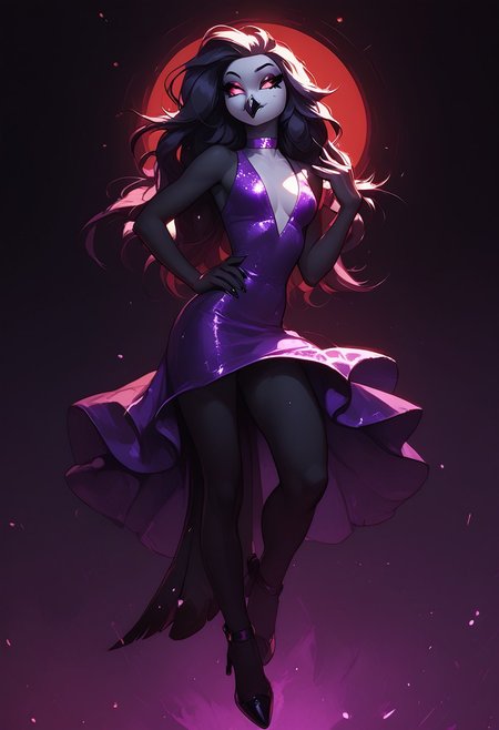 score_9, score_8_up, score_7_up, score_6_up, 1girl, solo, octavia, octavia, avian bird demon owl owl_demon, beak, red sclera, from hellova boss, anthro furry, long hair, nightclub outfit, tight purple dress, perfect face, perfecteyes, sexy, sexy girl, beautiful eyes,  dancing, dynamic angle, full body shot, red eyes, glowing eyes, pop star, singing