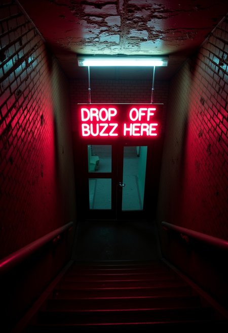 aidmatextimprover, A photograph of a dilapidated staircase leading down to a double door entrance, its red brick walls worn and crumbling. An overhead fluorescent light flickers dimly, casting a sickly blue-ish white glow that barely illuminates the space. Above the entrance is a large dimly glowing red sign hanging from a pair of worn wires that reads "DROP OFF BUZZ HERE" in bold white font.