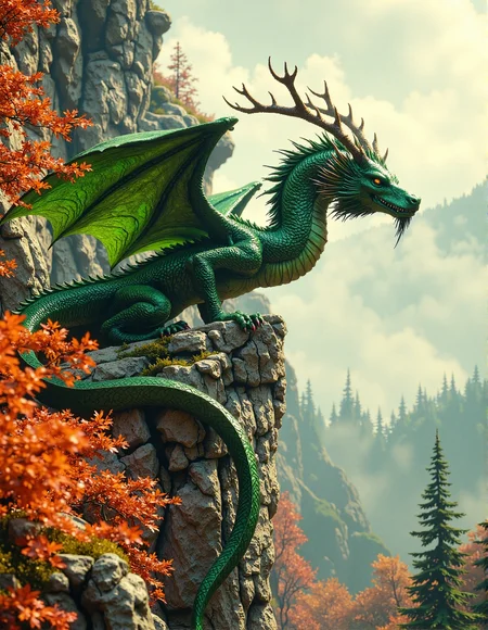 detailed Cinematic scene in a landscape.  Picture a green, serpentine dragon with antler-like horns, whiskers, and scale-like skin texture, with two big wings, perched on a rocky cliff edge. The dragon is facing right, with its long body curving across the frame.  The cliff is covered in orange and red autumn foliage.  A misty fog fills the background, obscuring details of the distant landscape except for some evergreen trees faintly visible.  The lighting is soft and natural, creating a serene and slightly mysterious atmosphere, <lora:FantasyWizardWitchesFluxV2-000001:0.8>, <lora:FluxMythR3alisticF:0.6>, <lora:RetroAnimeFluxV1:0.4>