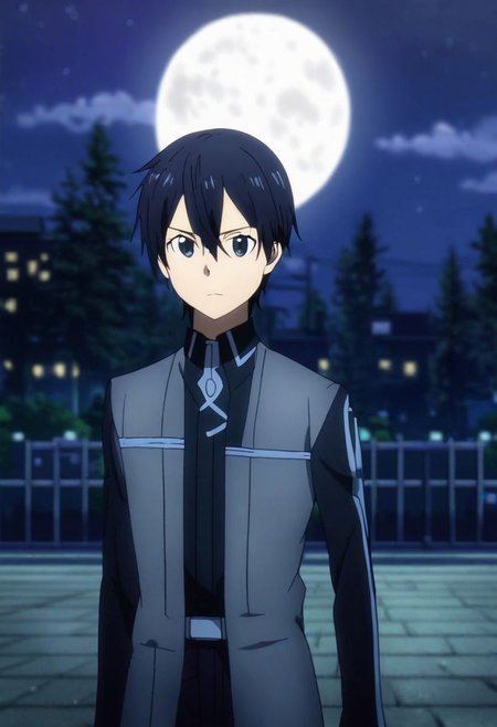 high resolution, professional photography, solo, best quality, 1Boy, Kazuto Kirigaya, Black Hair, Black Eyes, depth of field, bright moon, fantastic night, stary sky, dreamlike, midle of bridge, OverallDetail