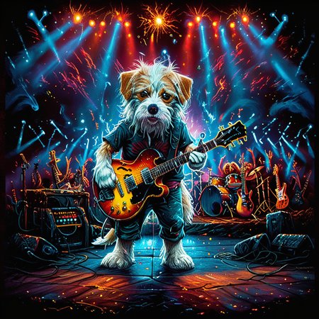 Hyperrealistic, crystal-clear portrait of a  <lora:ZIP_SDXL:1> zip dog looking at the viewer Walking on stage playing his guitar  <lora:1980s_Fantasy_Style_test_2:0.3> 1980s Fantasy Style, vivid color <lora:Rock_Concert:0.8> r0ckc0ncert, on stage, light show, smoke, band, instruments <lora:tbh160-sdxl:0.8> style of Dan Mumford  ith super sharp details and vivid colors, intricate textures, and pristine clarity.
