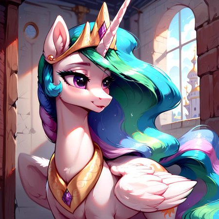 masterpiece, score_9, score_8_up, score_7_up, (best quality:1.1), ultra-detailed, high resolution, 1 girl, solo, pony, alicorn, highly detailed macro illustration, Princess Celestia smiling, blushing, Princess Celestia, feral, female, mare, cute, long eyelashes, (indoors), (((beautiful detailed eyes))), Long eyelashes, fluffy, ear fluff, long eyelashes, (cornering), taking cover, spying, marble wall, Highly Visible, (((8k))), sharp focus, perfect lighting, anatomically correct, extremely detailed, shine on body, (Canterlot Interior), high detail, cute face, Expressiveh, detailed background, OverallDetail, zPDXL2, <lora:Corneringv1:0.8>