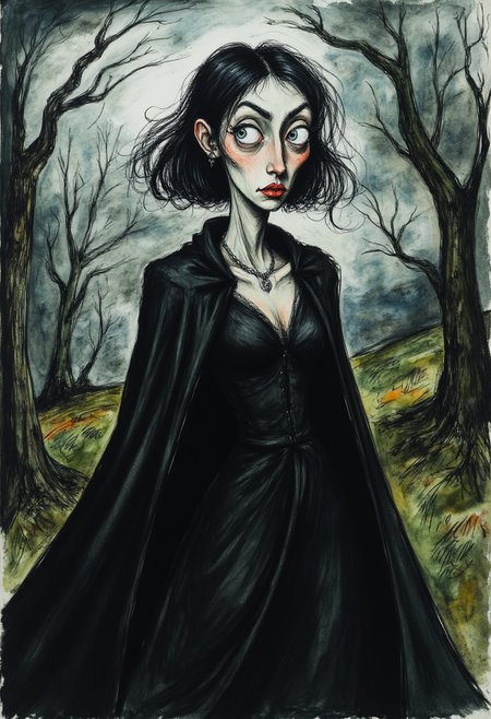 c4r1c4t8r3  Diamanda, Discworld witch, young and ambitious, rebellious nature, pale skin, raven-black hair, piercing gray eyes, modern clothing, dark dresses, silver jewelry, black cloak, confident demeanor, powerful presence, arcane magic, forbidden spells, mysterious atmosphere, dark woods, stormy skies, fantasy setting.