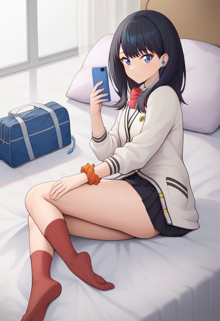 score_9,score_8_up,score_7_up,<lora:takarada_rikka_pony:1>,holding_phone, school_bag, on_side, wrist_scrunchie, black_skirt, looking_at_viewer, takarada_rikka, earbuds, pleated_skirt, feet_out_of_frame, commentary_request, no_shoes, orange_scrunchie, smartphone, 1girl, long_sleeves, miniskirt, bed_sheet, red_bow, red_socks, white_cardigan, solo, hand_between_legs