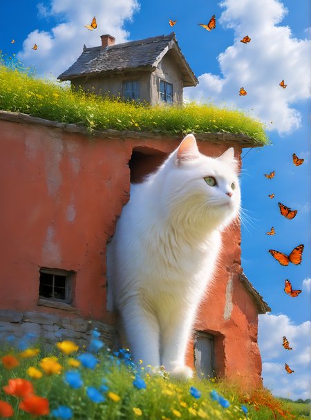 large white cat,a young girl,
Underneath a vibrant blue sky,stretched out a lush green meadow. Dotted across it were flowers of every imaginable color,from bright red poppies to electric blue cornflowers. Butterflies flitted about playfully,adding splashes of color to the scenery. In the distance,a charming little wooden house stood tall,its paint job glowing in the sunlight. Smoke curled up from its chimney,hinting at a cozy fire burning within. Nearby,a stone bridge crossed over a babbling brook,leading towards an inviting forest full of towering trees and hidden secrets. This cheerful landscape was a testament to nature's unending cycle of renewal and rebirth,a source of endless fascination and inspiration.,
<lora:white cat è¿æV1.0-0008:1>,, (masterpiece, best quality, highres:1.2),