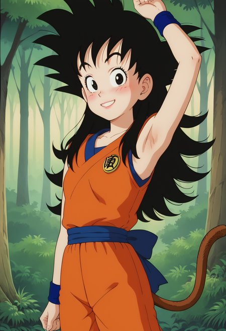 score_9, score_8_up, score_7_up , , source_anime, intricate details, masterpiece, high quality, prefect hands, best quality,, 1girl, solo,  upper body , anime screencap, 
forest , 
orange dougi, blue sash, blue wristband, sleeveless , orange pants, orange topwear,
, blush , 
looking at viewer, smile  armpit , 
, GGoku , black hair, black eyes,  spiked hair , long hair  , monkey tail ,  small breast , eyelash , lips  , cute , small breast , breast , girl eyes , eyelash , lips  ,   <lora:GGoku:0.8> ,