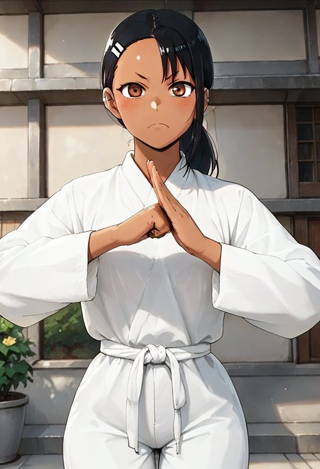 (fist-palm salute:1.5), score_9, score_8_up, score_7_up, source_anime, ultra detailed, 
Generate a picture of a girl making fist-palm salute in a big garden in front of a big traditional Chinese building, she is wearing a yin_yang_print robe, white pants, barefoot, looking at viewer seriously,  (fist and palm folded in front), front view,
 nagatoro hayase, (dark-skinned female), 1girl has black long hair with hairclip and  hair ornament, (dark skin), medium breasts, plump and glamor body with narrow waist, round face with brown eyes, low ponytail, 
 <lora:nagatoro_clean:1>,<lora:fist-palm_salute_Pony:0.8>