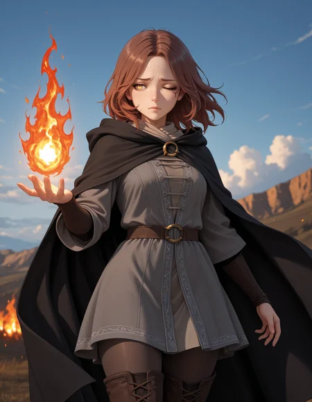 <lora:Melina - Elden Ring (NoobAI):1>
1girl, solo,
m3lina, facial tattoo, brown hair, medium hair, one eye closed, yellow eyes, one-eyed,
hooded cloak, hood down, black cloak, grey dress, pantyhose, thigh boots, 
standing, casting spell, fire, 
outdoors, blue sky, clouds, depth of field, blurry, 
cowboy shot, worried,, masterpiece, best quality, amazing quality,