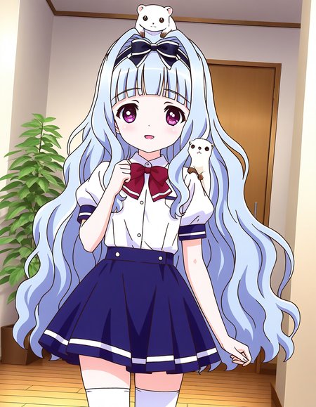 general,highres, ultra-detailed,very aesthetic,best quality ,best hands,  BREAK <lora:Watayuki_BP_IS:1>Watayuki(BP), 1girl,solo, hairband, very long hair, hair bow, purple eyes,  hair intakes, light blue hair, blunt bangs, wavy hair,
thighhighs, school uniform, skirt, white thighhighs, bow, zettai ryouiki, ribbon, blue skirt, light smile,
short sleeves, shirt, open mouth,  white shirt, puffy sleeves, looking at viewer, miniskirt,
three animals,  white_ferret,  animal on shoulder, on head, 
home in the room, flooring, plant,