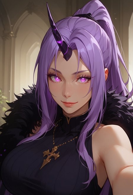 masterpiece,best quality, highly detailed, score_9, score_8_up, score_7_up, score_6_up, score_5_up, score_4_up, Expressiveh, girl, shion high ponytail, long hair, purple hair, purple eyes, parted bangs, single horn, straight bangs, ponytail, dark purple eyes, glowing eyes, huge breasts, selfie, beautiful face, provocative smile,