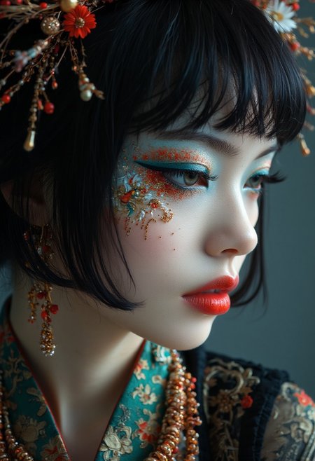 Midjourney_Whisper, hyper-realistic photograph, side portrait of stunning Japanese woman, delicate turquoise eyeshadow, red lips, make-up, straight-cut bob with bangs, ornate necklace