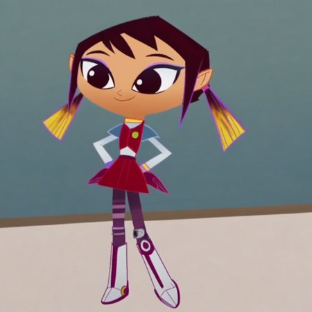 dark brown hair, smile, 1girl, Score_9, white boots with a purple line down the front, Solo, red-violet miniskirt, maroon gloves, purple eyeshadow, peach skin, in a room, violet and yellow highlights hair, long-sleeved sky blue shirt with purple and blue lines wrist, necklace, red-violet sleeveless vest, standing, full body, two ponytails, Sashy_Kobayashi, expressive eyes, different styled socks, dark brown eyes