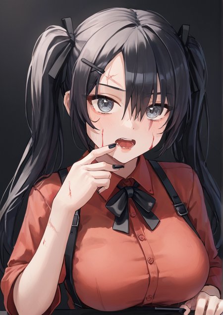 1girl, ame-chan (needy girl overdose), huge breast, applying makeup, black background, black hair, black nails, black ribbon, bleeding, blood, collared shirt, cuts, grey eyes, hair ornament, hair over one eye, hairclip, hand up, injury, long hair, makeup, mascara, mascara wand, nail polish, neck ribbon, open mouth, red shirt, ribbon, scar, scar on arm, self-harm, self-harm scar, shirt, solo, suspenders, twintails, upper body, wide-eyed, wrist cutting, x hair ornament, zPDXL3<lora:ã¯ã¹ã¿ã«Kustaru:0.9>