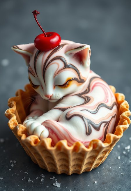 "Depict a hyper-realistic scene where a kitten is reimagined in the most delightful way. Its body, soft and fluffy, is not made of fur, but of the finest ice cream flavors. Vanilla, rich and creamy, forms its undercoat, while swirls of chocolate and strawberry ripple through its body, creating a mesmerizing pattern. This edible feline is crowned with a cherry, its glossy skin contrasting with the icy sweetness beneath. Beneath this frozen feline lies a bed, but not just any bed. Crafted from waffle cones, the bed is a masterpiece of crunch and comfort, a perfect cradle for the ice cream kitten. Each cone, baked to a golden perfection, is arranged in such a way that it supports the kitten's form, creating a nest of sweet, crunchy goodness. The kitten, curled up in a peaceful slumber, is the centerpiece of this edible fantasy. Its eyes, closed in serene repose, are a deep chocolate brown, a rich contrast to the pale sweetness of its face. The scene is one of whimsical tranquility, a blend of warmth and coolness, of the fleeting joy of dessert and the enduring comfort of home. Every element, from the ice cream's texture to the waffle cone's aroma, is rendered with such clarity that one can almost taste the adventure. This is a world where dessert and dreams collide, a hyper-realistic haven of sweetness and sleep. " Highest-Quality, intricate details, visually stunning, Masterpiece