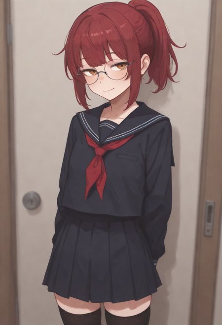 1 girl, small girl, standing, black sailor uniform, short girl, black tight highs, red hair, ponytail, circular glasses, orange eyes, friendly girl, smile , tarustyle, artist:moriimee