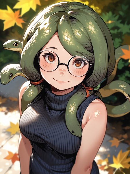 <lora:happy_tentacle-sanjimerisa-v0.3:1>, ht_sanjimerisa, glasses, snake hair, tentacle hair, prehensile hair, medium breasts, brown eyes, green hair, plump , smile, , outdoors, autumn, sleeveless shirt, turtleneck sweater cowboy shot, 1girl, (petite:1.2), solo focus, (looking at viewer:1.1), , (depth of field:0.8), from above, [(realistic, photorealistic:1.2):(realistic:1.2):22], [(3d:1.2)::12], <lora:LUUNA's Lunas-NijiJourney-SDXL-B2:0.5>, nijijourney, <lora:prgfrg23's Counterfeit-V3.0 Style SDXL_LoRA_Pony Diffusion V6 XL:0.35>, <lora:Shed_The_Skin's StS_age_slider_v1_initial_release:-1>, score_9, score_8_up, score_7_up, score_6_up, score_5_up, score_4_up