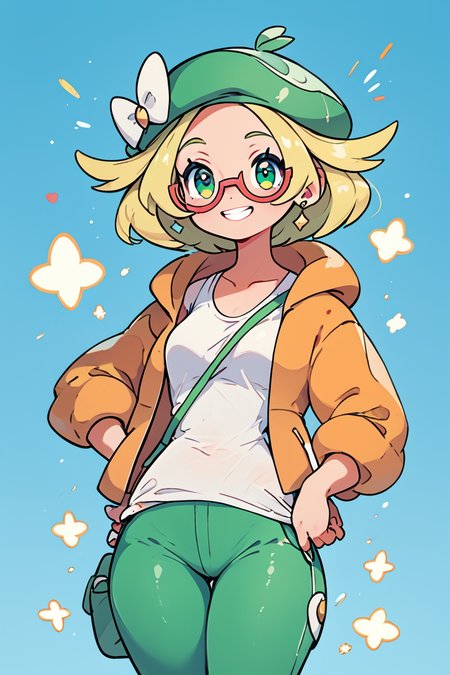 score_9, score_8_up, score_8, medium breasts, (curvy), cute, eyelashes,       BREAK, , ,,, zzBianca, blonde hair, short hair, green eyes, green hat, glasses, orange jacket, white shirt, green pants, <lora:Bianca_Pokemon_PDXL:0.8>,    ,,,, BREAK, smile, looking at viewer, cowboy shot, ,,, embedding:zPDXL, Expressiveh, ,,, <lora:CuteToonPDXL:0.8>, <lora:SDXLFaeTastic2400:0.5>, <lora:Expressive_H-000001:0.4>,