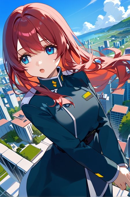 <lora:HandFineTuning_XL:1>
score_9, score_8_up, score_7_up, source_anime, masterpiece,best_quality,
BREAK,  
cityscape, windy,
cowboy shot, upperbody, 
BREAK,  
holding own arm, looking away, open mouth,
BREAK,  
<lora:meyrin_autismConfetti_v02:1>
red hair, blue eyes, military uniform, bangs, straight hair, long hair, sidelocks, long sleeves, meyrinbase,, zPDXL