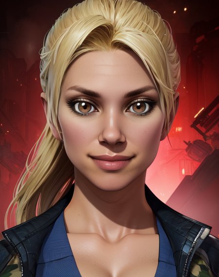 sonyamk11, blonde hair, looking at viewer,  blue shirt,  long hair,  brown eyes, 
cleavage,  
upper body, standing, smile, military base, 
(insanely detailed, beautiful detailed face, masterpiece, best quality) <lora:Sonyamk11-10v6:1>