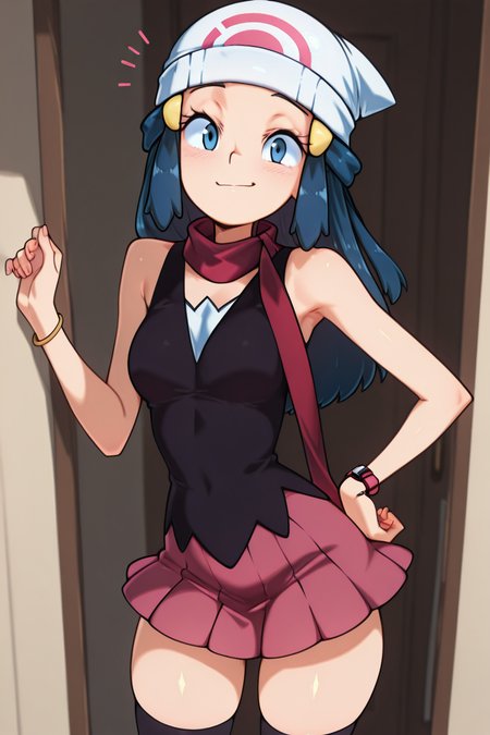 masterpiece, best quality, 1girl, solo, beautiful eyes, zzDawn, blue hair, blue eyes, sidelocks, long hair, bare shoulders, beanie, black shirt, black socks, bracelet, hat, jewelry, kneehighs, miniskirt, pink skirt, red scarf, scarf, shirt, skirt, sleeveless, sleeveless shirt, white headwear,  <lora:DawnPokemonIXL_e07:1.0> <lora:TobiaswhellerIXL_v2:1.0>, cowboy shot, hand on hip, smug, smile, looking at viewer, shiny skin,