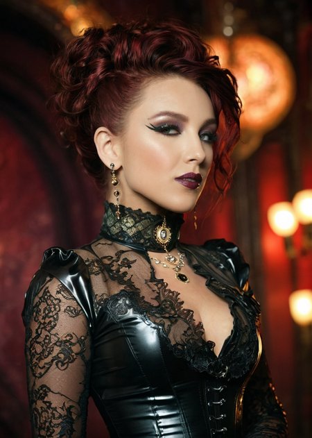 masterpiece, best quality, dark environment, (steampunk:1.5), a woman, (colored latex with lace), turtleneck, (jewelry, earrings, necklace), burlesque, sexy, (((full body))), 8K, extremely detailed, decorated clothing, dragon, bloodwave, dynamic, great lighting, perfect shading, depth of field, soft side light, very detailed glowing background, <lora:MS_DaniWoodward_V1_SDXL:0.8>, <lora:add-detail-xl:0.8>