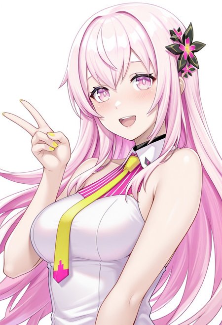 masterpiece,best quality,highres, absurdres, ion_miruna, 1girl, solo, pink hair, pink eyes, long hair, medium breasts,  default_ion, necktie, collared dress, white dress, bare shoulders, hair ornament, hair flower, nail polish, sleeveless, nail polish, yellow nail, upper body,  blush, :d, v