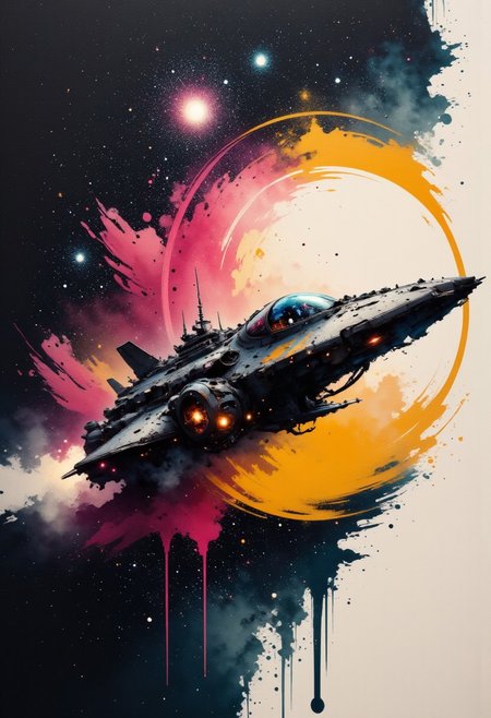 aidmainkstyle, abstract oil painting, gradient vibrant neon colour, rough, textural, broad brush strokes, a sleek spaceship traversing interstellar space, detailed night sky with stars and nebulas