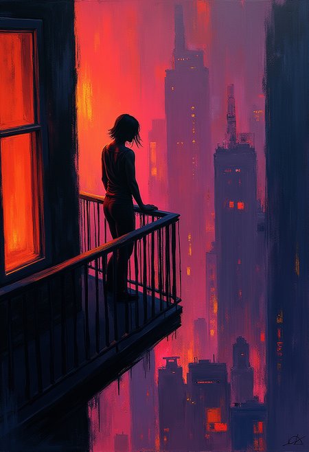 Craft an Expressionist scene, depicting a solitary figure on a balcony overlooking a neon-lit metropolis. Employ distorted colorsâfiery oranges, bruised purplesâand exaggerated forms to convey a feeling of intense longing and isolation. The composition should be dynamic, with sweeping lines and a sense of urgency, creating a visually arresting and emotionally charged portrayal.