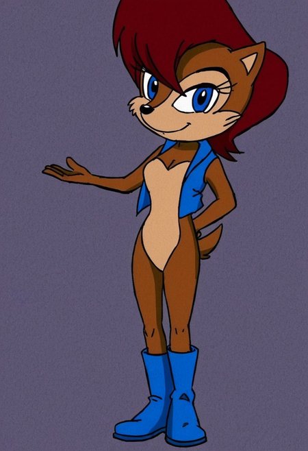 Sally Acorn, sonic character, sonic style, anthro, furry, 1girl, female, solo,
red brown hair, brown fur, blue eyes, black pupils,
blue boots, blue vest, 
smiling, looking at viewer,
standing, full body view, full body,
dark lighting,