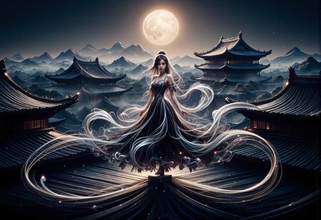 mad-wsps, xslx scribble, detailmaximizer. A wide shot of a stunning young Asian woman, performing a traditional Chinese shrine dance atop the intricately designed roof of an ancient Chinese palace. The entire scene is framed by the sweeping, ornate architecture of the palace, with its curved rooftops and finely detailed eaves, bathed in soft moonlight. Her long, flowing black dress, adorned with delicate embroidery and subtle white accents that catch the moonlight, sways gently in the wind as she dances gracefully. Her deep black hair, shimmering faintly with red, moves freely with her movements. The entire rooftop is covered in a soft mist, creating a mystical aura. The full moon shines brightly in the night sky, casting an ethereal glow on the setting, while the grand palace rooftops stand in silent reverence to the night, adding depth to the mysterious, spiritual atmosphere., <lora:RealisticAnimeFlux_v2.safetensors:1.0:1.0> <lora:Wisps_of_Light_FLUX.safetensors:0.8:0.8> <lora:scribble-flux-v1.safetensors:1.0:1.0> <lora:aidmaImageUpgrader-FLUX-V0.1.safetensors:0.5:0.5>